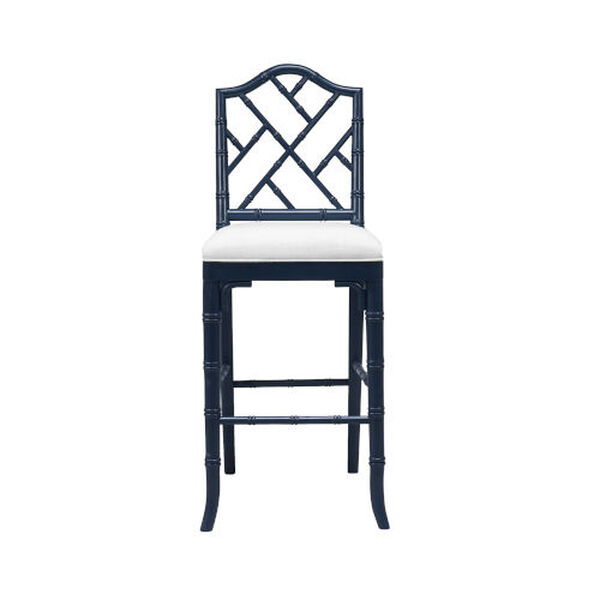 Annette Matte Navy Lacquer White Linen Chippendale Style Bamboo Counter Stool, image 3
